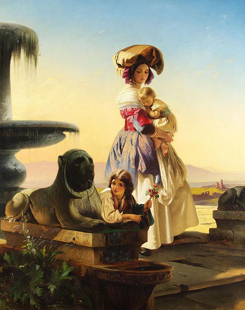 Carl Timoleon von Neff "Italian Woman with Children on the Stairs"